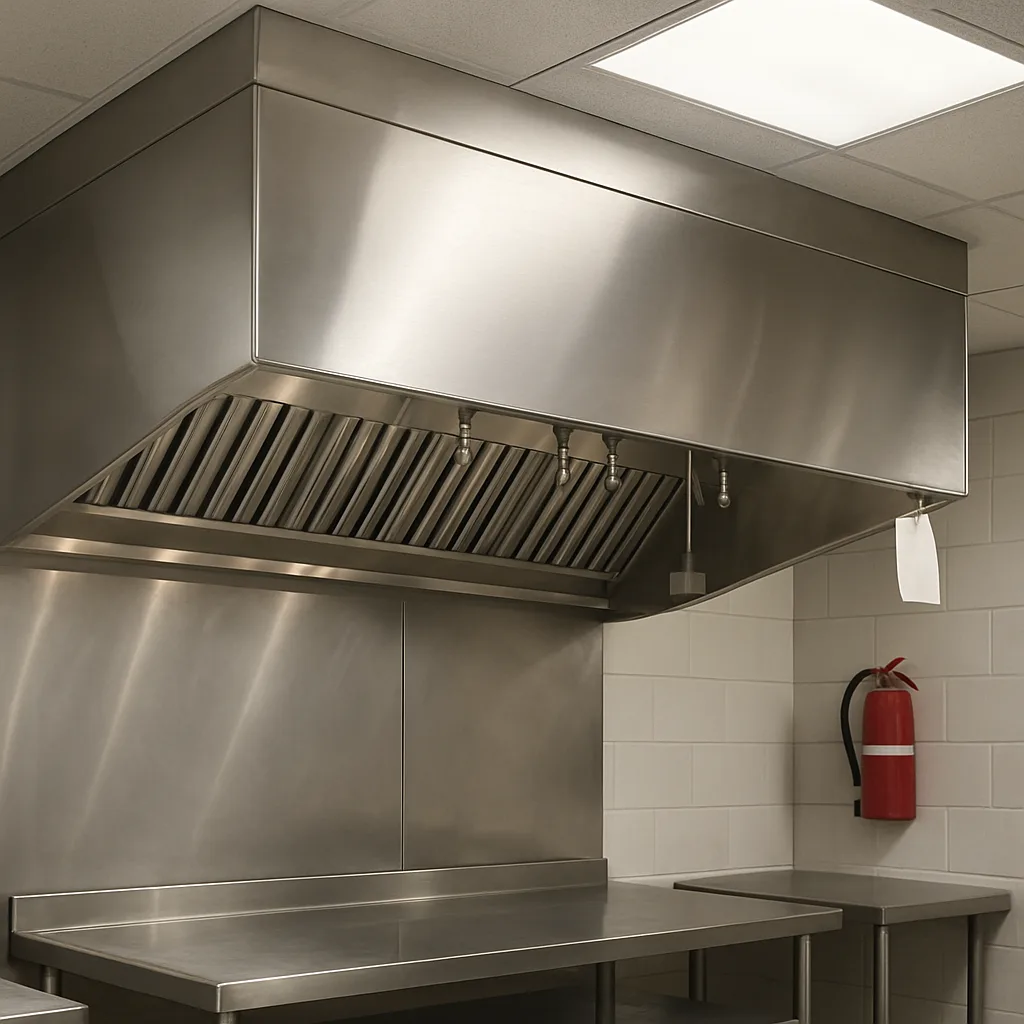 industrial-ventilation-clean-exhaust-hood-result-sunnyvale Clean stainless exhaust hood after industrial ventilation service in Sunnyvale kitchen