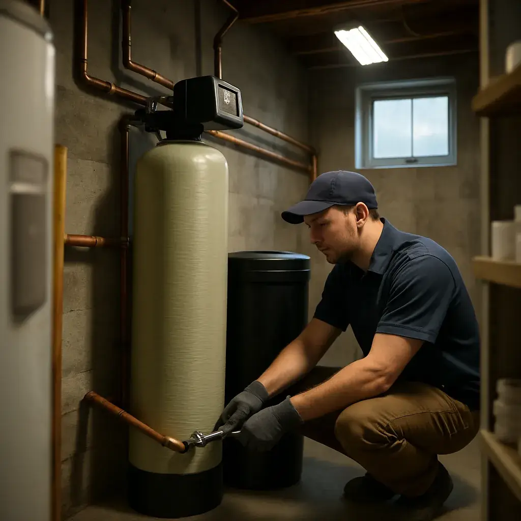 Technician adjusting bypass valve on iron filtration system tank in Sunnyvale home