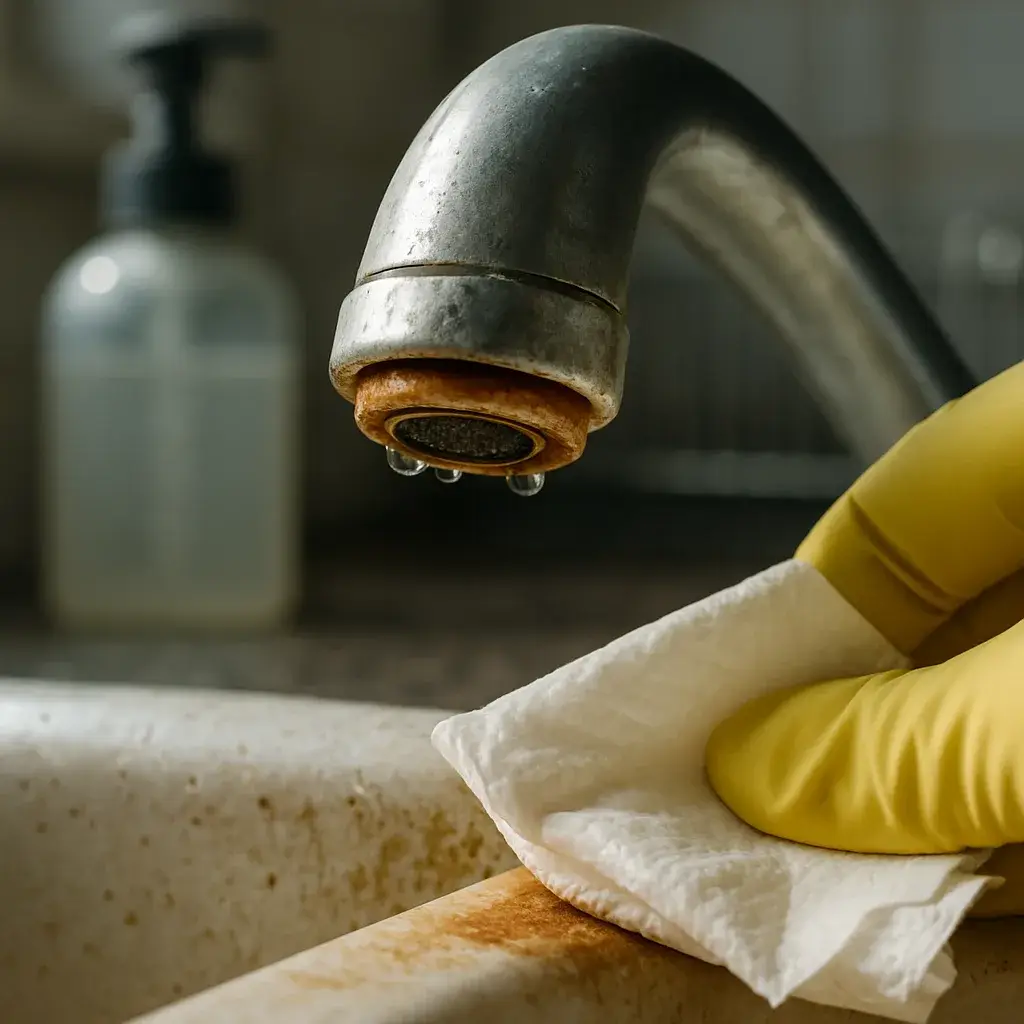 iron-water-stains-kitchen-faucet-sunnyvale Rust stains on kitchen faucet showing iron water problem in Sunnyvale home