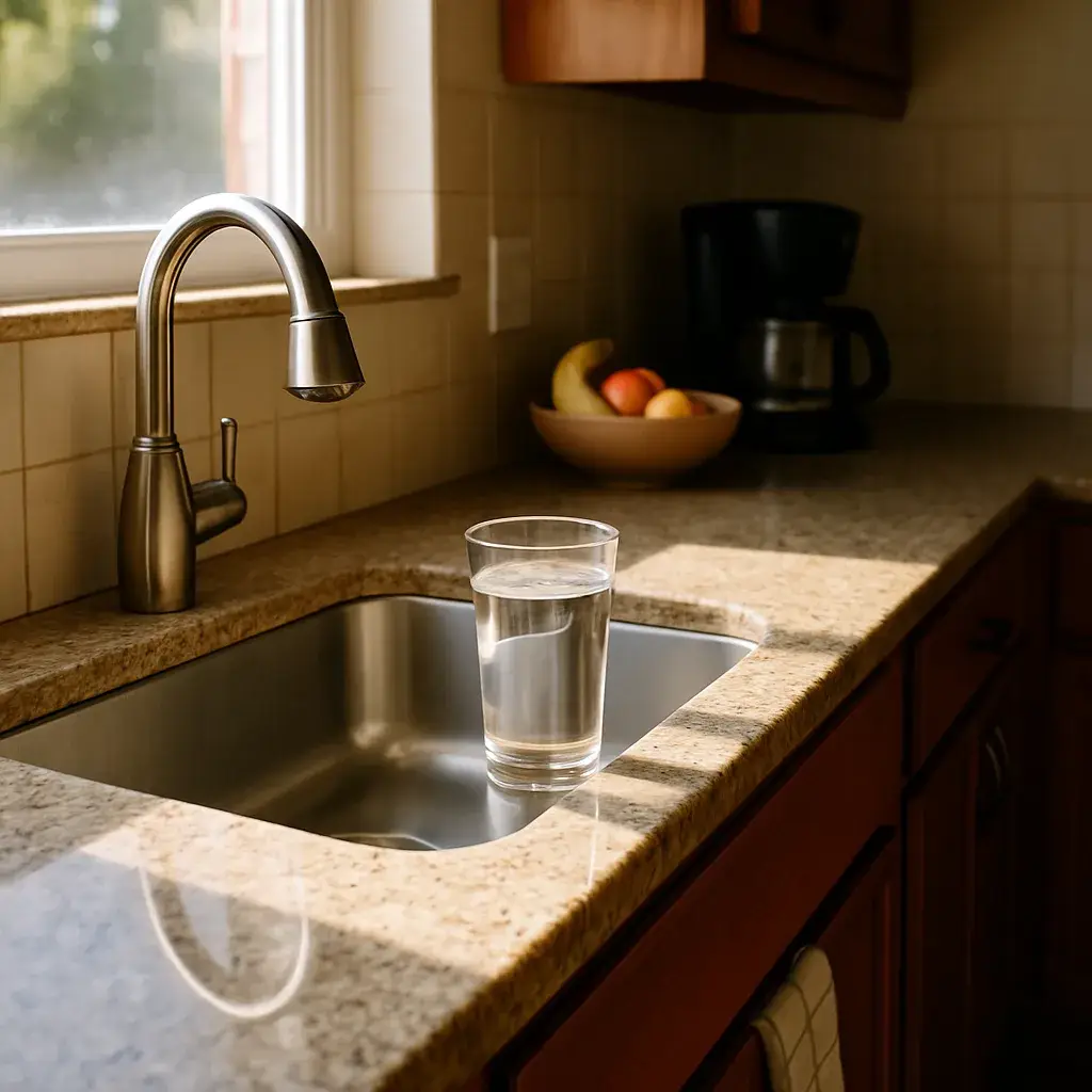 clear-drinking-water-kitchen-counter-sunnyvale Clear glass of water on Sunnyvale kitchen counter after iron filtration installation