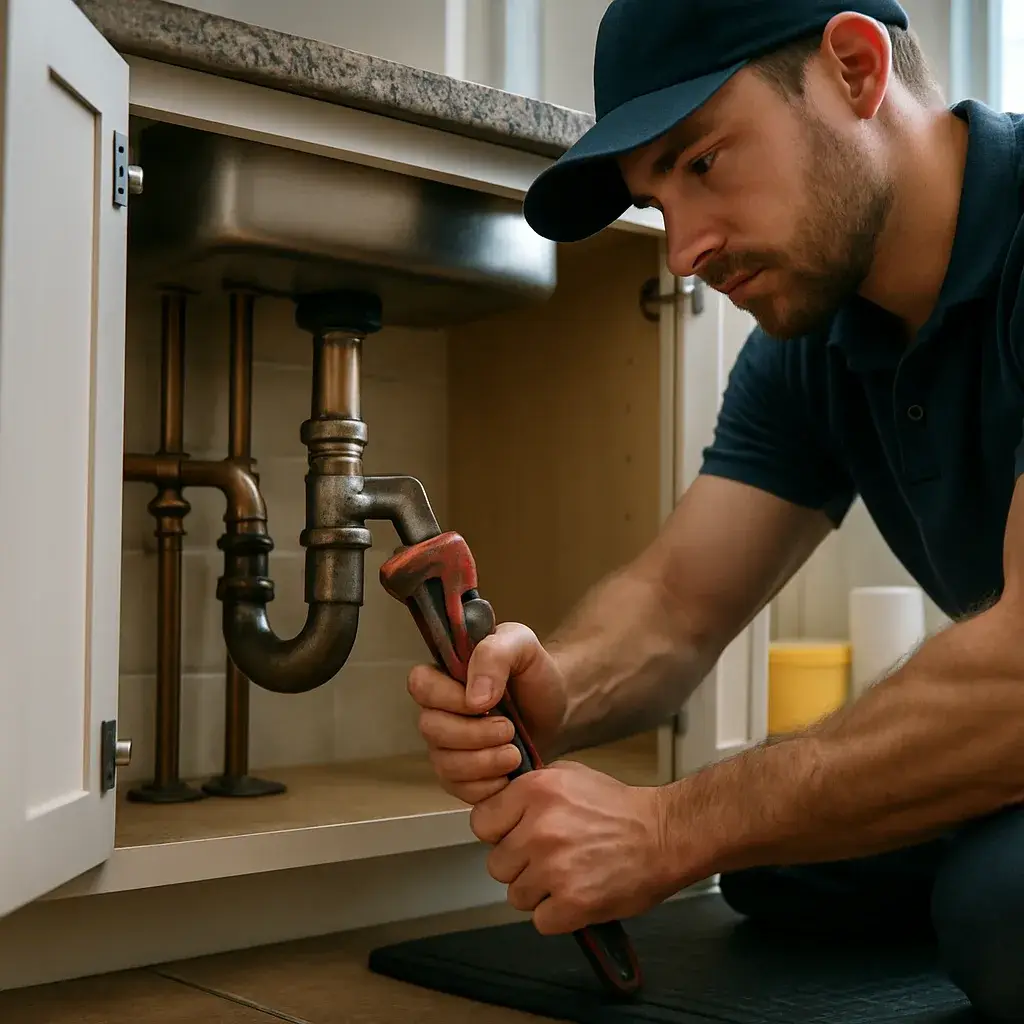 Plumber repairing kitchen sink pipes under cabinet in Sunnyvale home