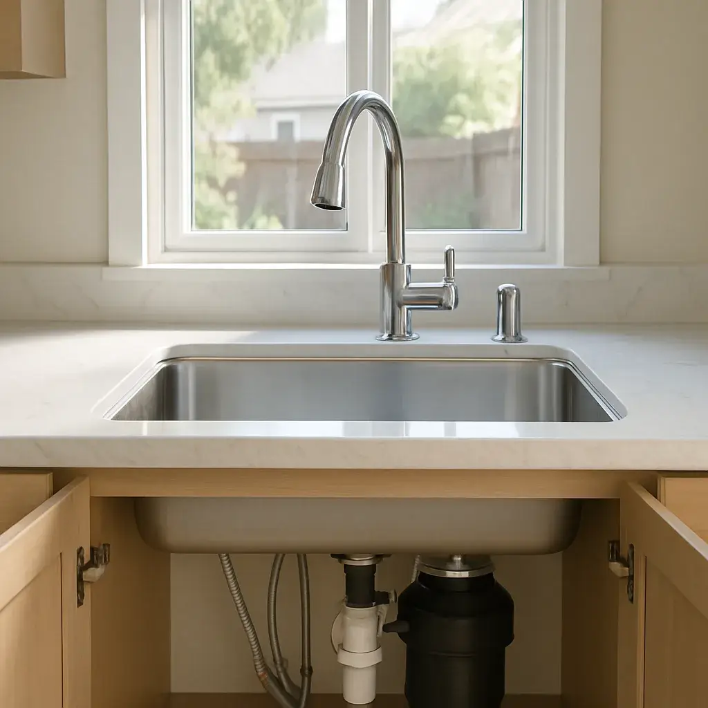 kitchen-plumbing-island-sink-installation-result-sunnyvale Completed kitchen island sink and dishwasher plumbing in Sunnyvale