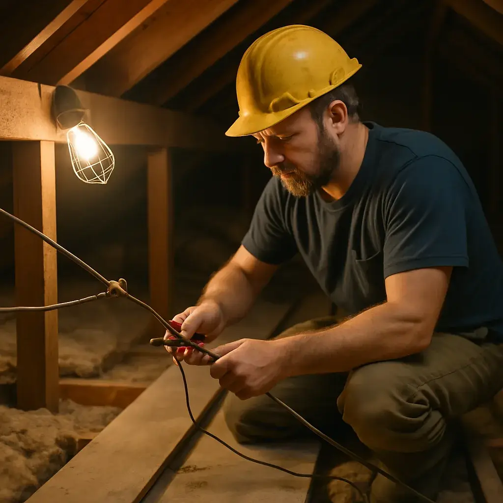 Electrician removing old knob-and-tube wiring in a Sunnyvale home attic