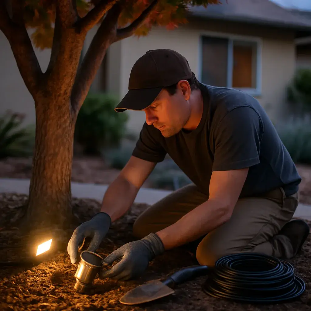 Technician installing landscape lighting fixture in Sunnyvale front yard at dusk