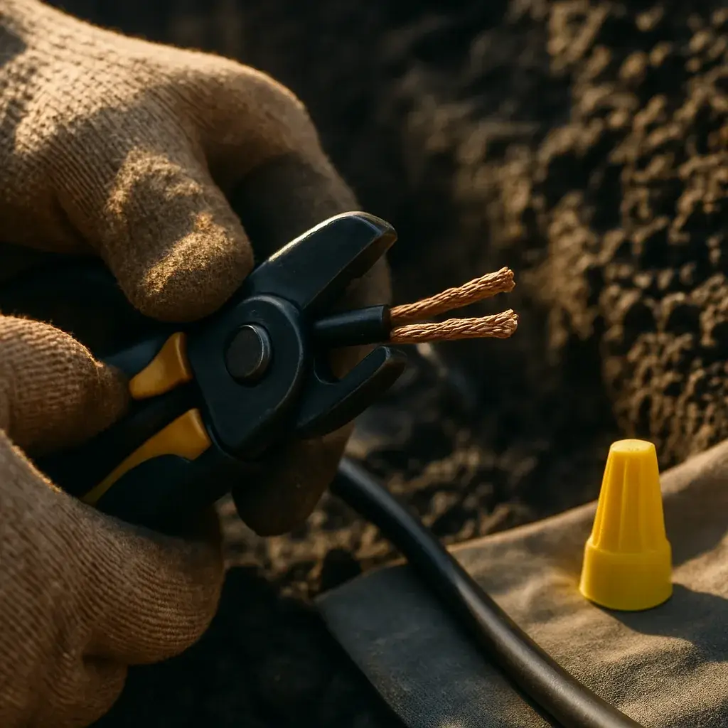 landscape-lighting-wire-connection-clay-soil-sunnyvale Hands stripping wire for landscape lighting installation in Sunnyvale clay soil