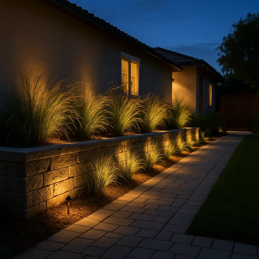 landscape-lighting-finished-backyard-walkway-sunnyvale Finished landscape lighting design illuminating backyard walkway in Sunnyvale home