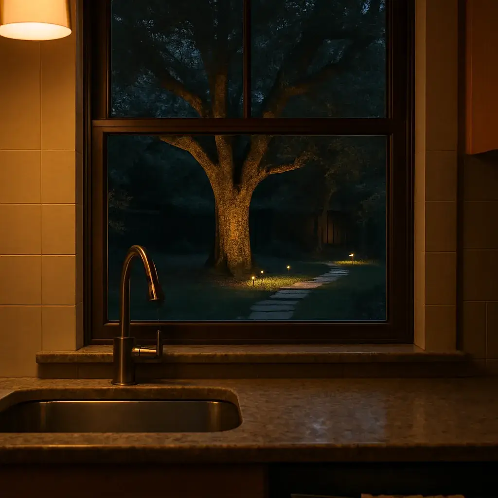 landscape-lighting-view-from-kitchen-window-sunnyvale View of illuminated backyard landscape lighting from Sunnyvale kitchen window at night