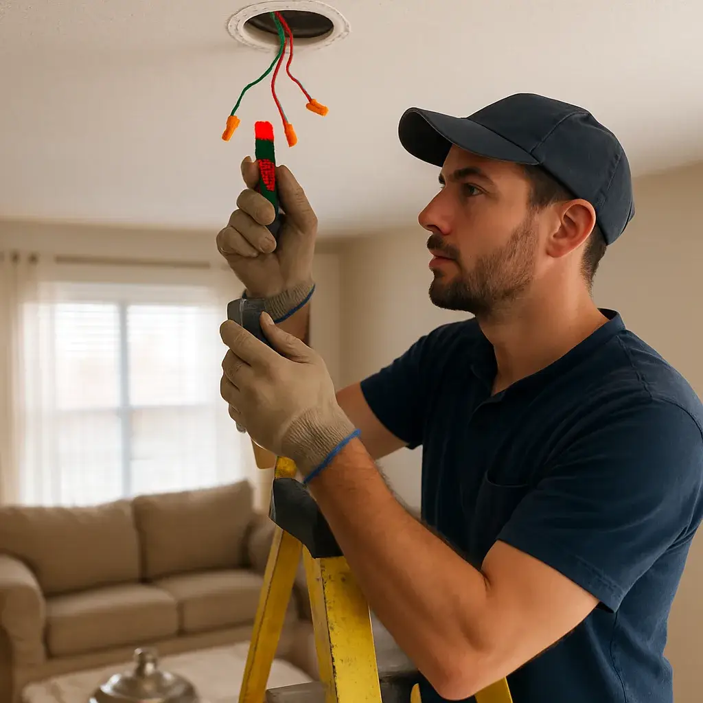Contractor inspecting ceiling electrical box before light fixture installation in Sunnyvale home