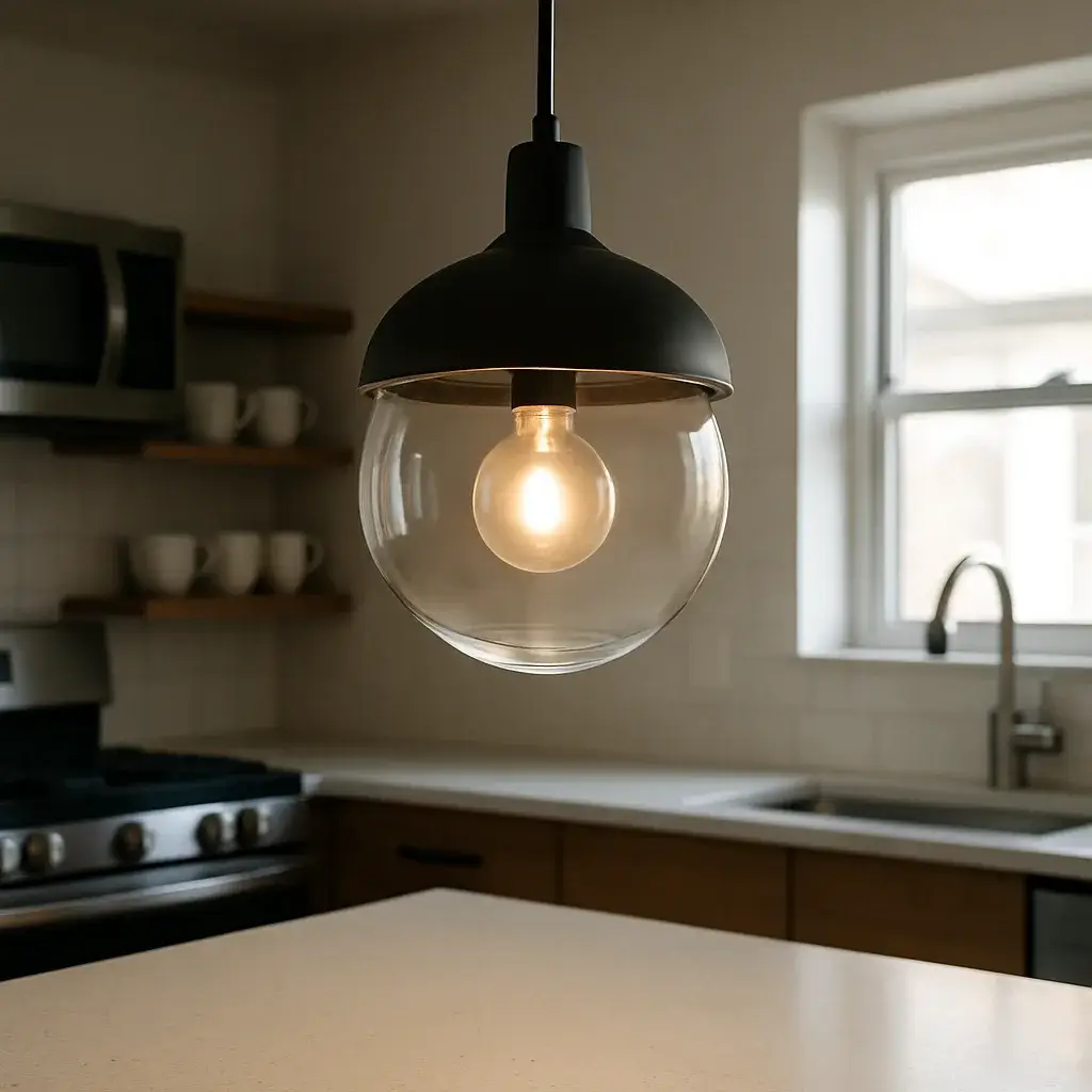 light-fixture-installation-finished-pendant-kitchen-sunnyvale Finished pendant light fixture installed above kitchen island in Sunnyvale home