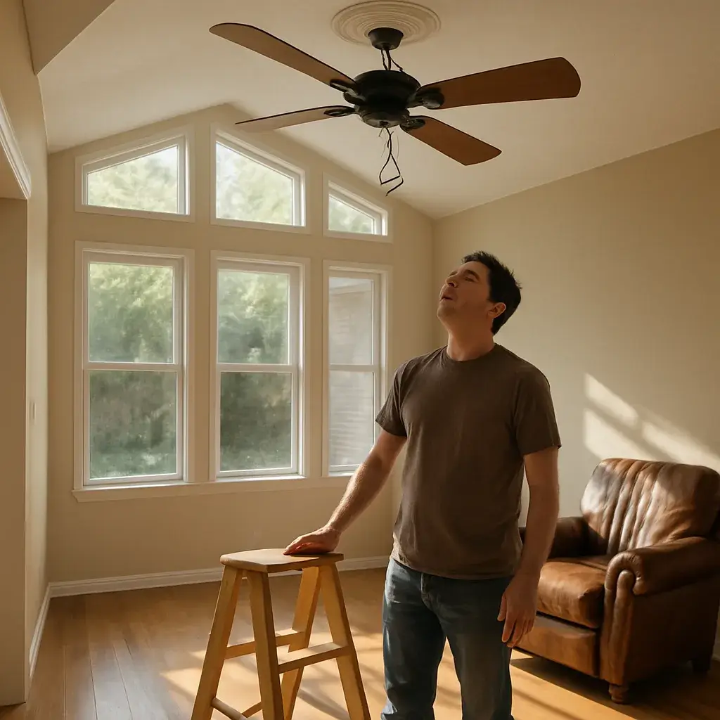 light-fixture-installation-vaulted-ceiling-fan-sunnyvale Homeowner assessing ceiling fan installation under vaulted ceiling in Sunnyvale home
