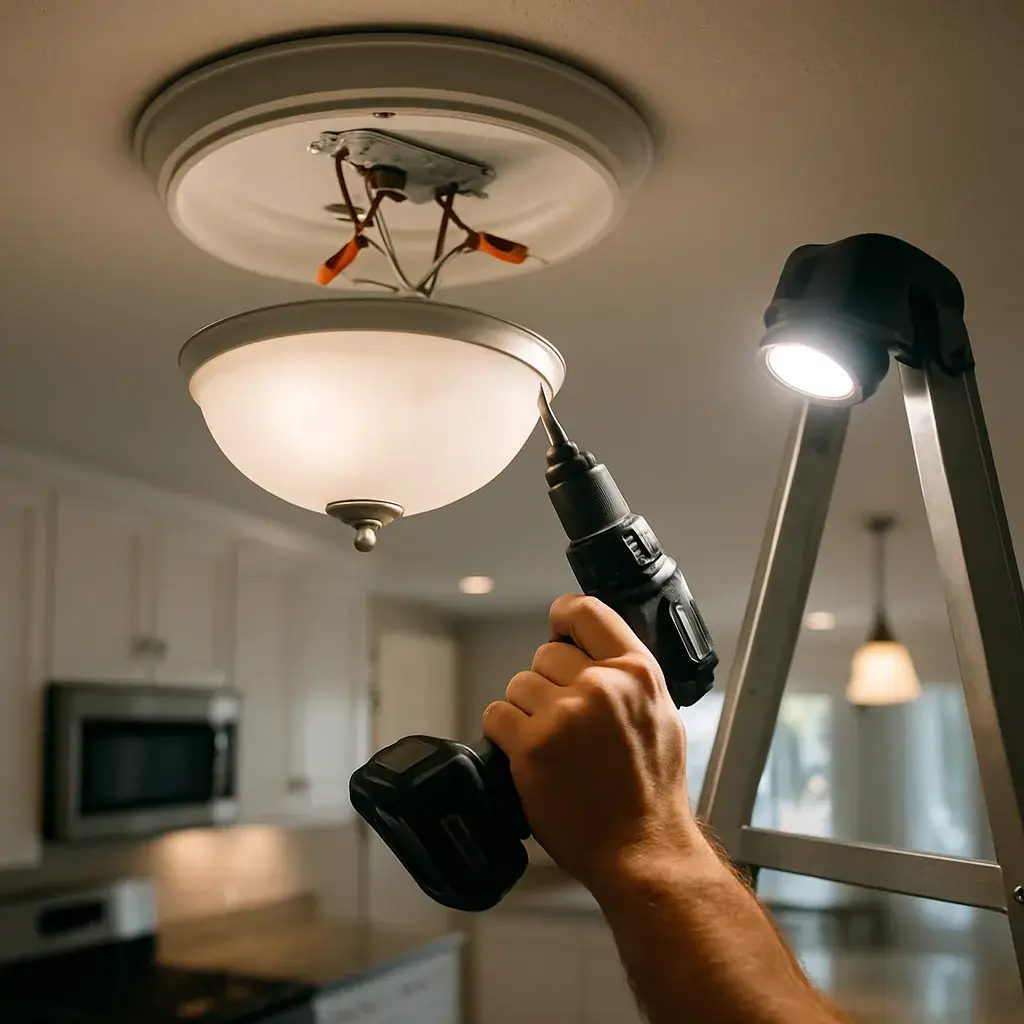 Technician repairing ceiling light fixture wiring in a Sunnyvale kitchen