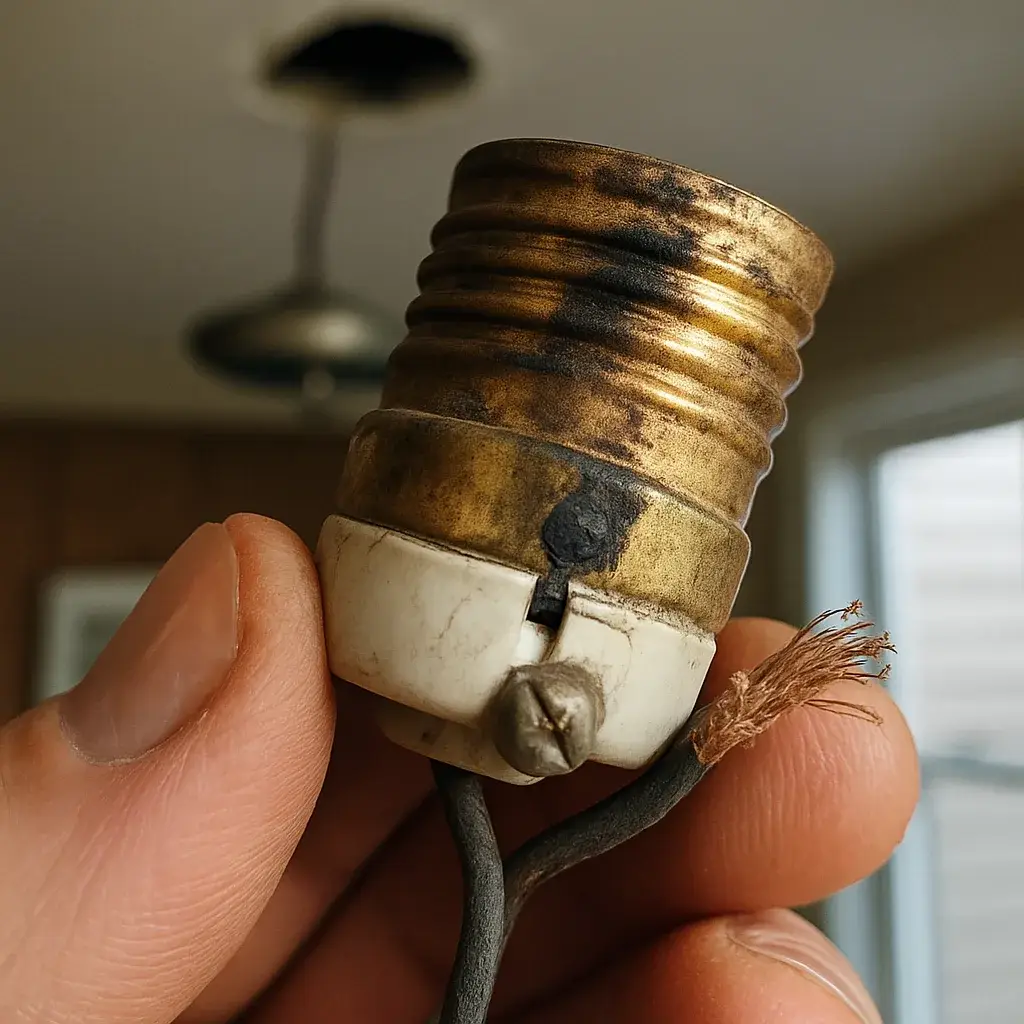 light-fixture-repair-worn-socket-detail-sunnyvale Close-up of scorched light socket during fixture repair inspection in Sunnyvale