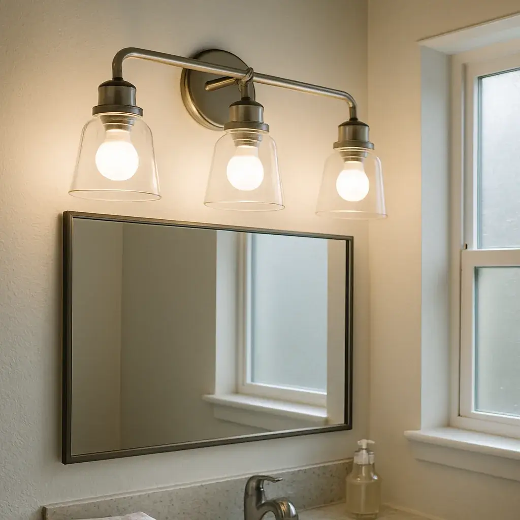 light-fixture-repair-completed-vanity-light-sunnyvale Repaired bathroom vanity light fixture glowing steadily after Sunnyvale service