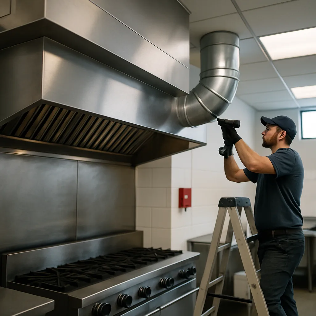 Technician installing make-up air ductwork above kitchen exhaust hood in Sunnyvale restaurant