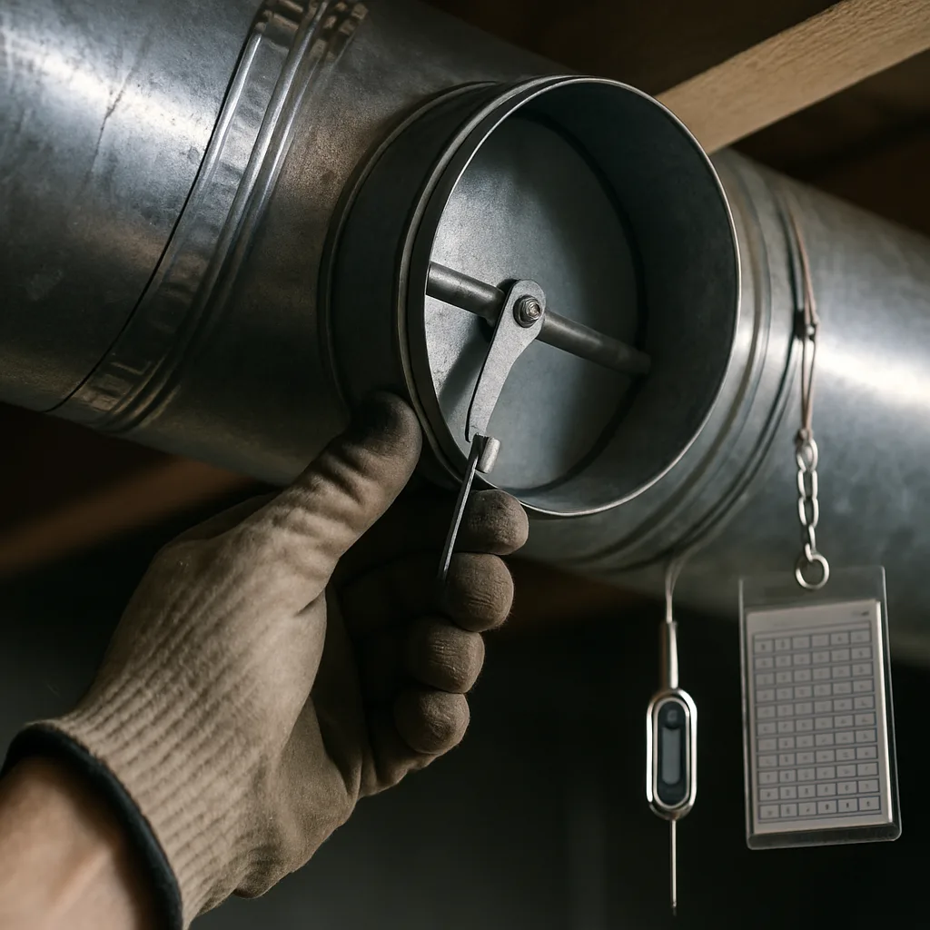 Technician hand adjusting damper on make-up air ductwork in Sunnyvale mechanical room