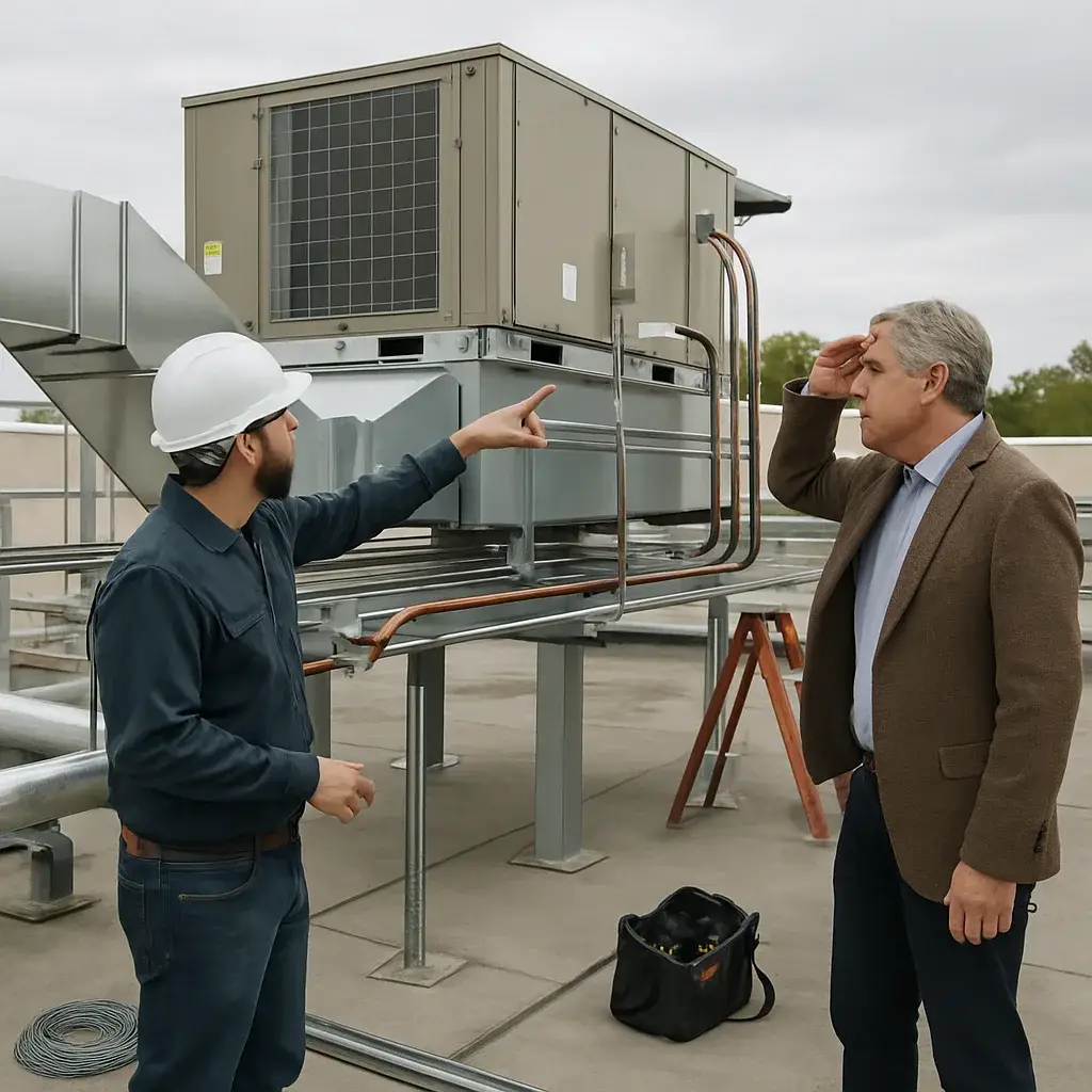 Contractor and owner review rooftop HVAC design-build install in Sunnyvale