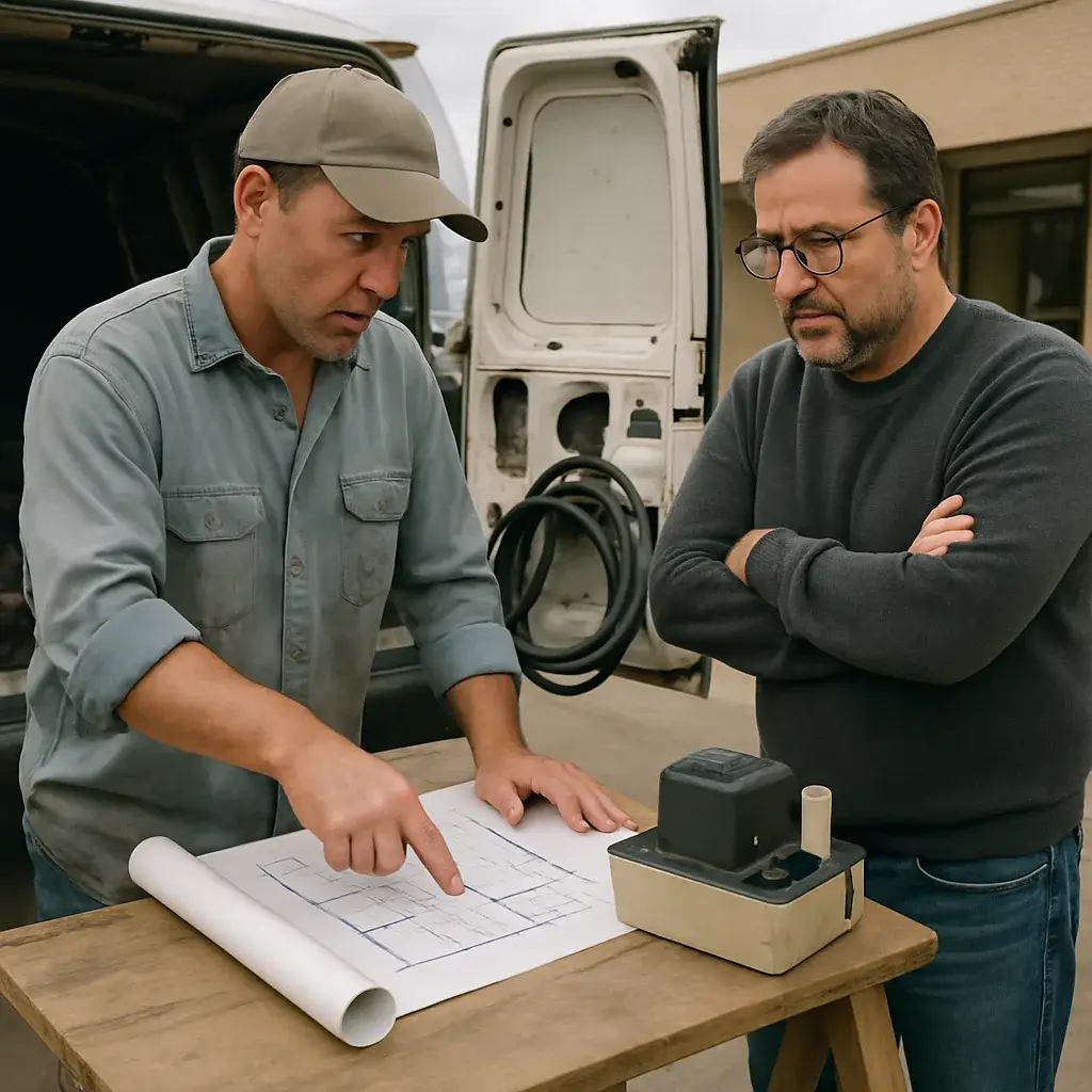 HVAC contractor explaining scope limits to a property owner at a small job site