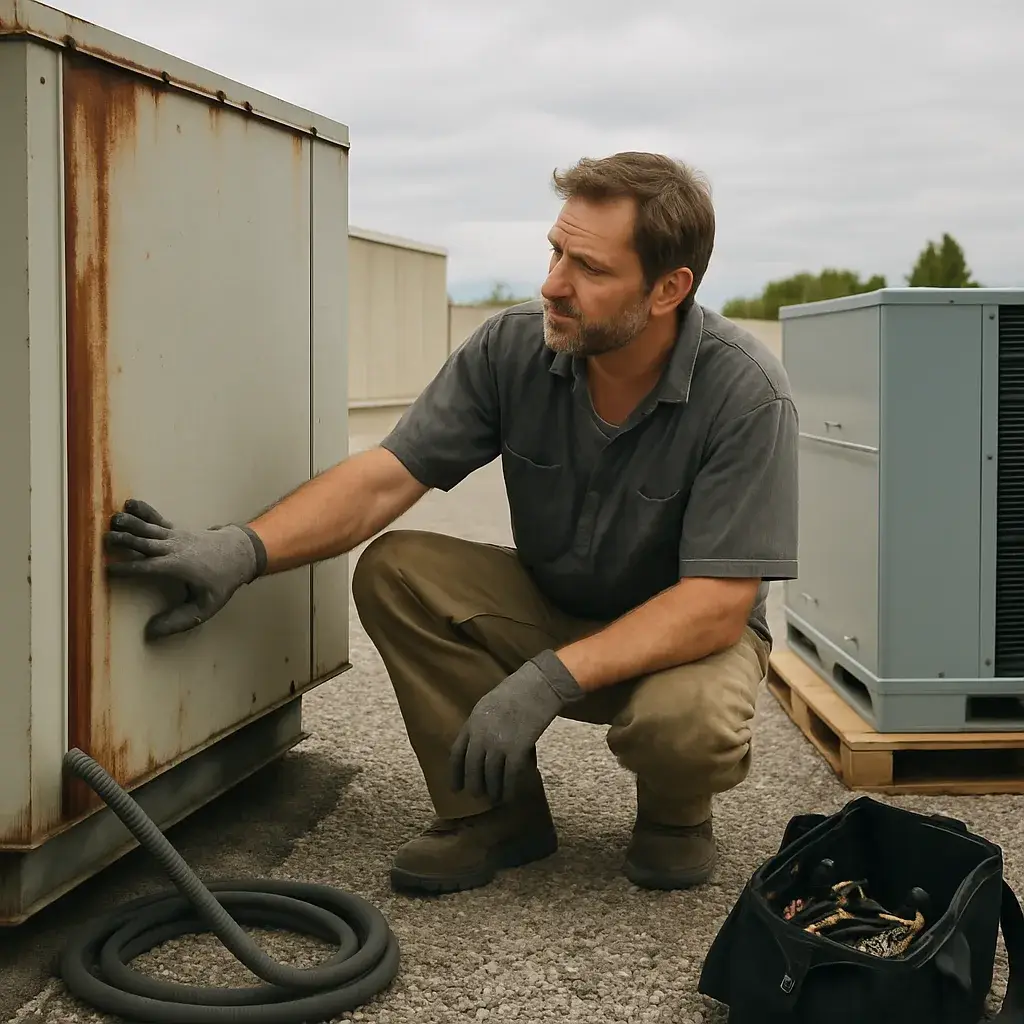 HVAC contractor comparing old and new rooftop units in Sunnyvale mechanical replacement