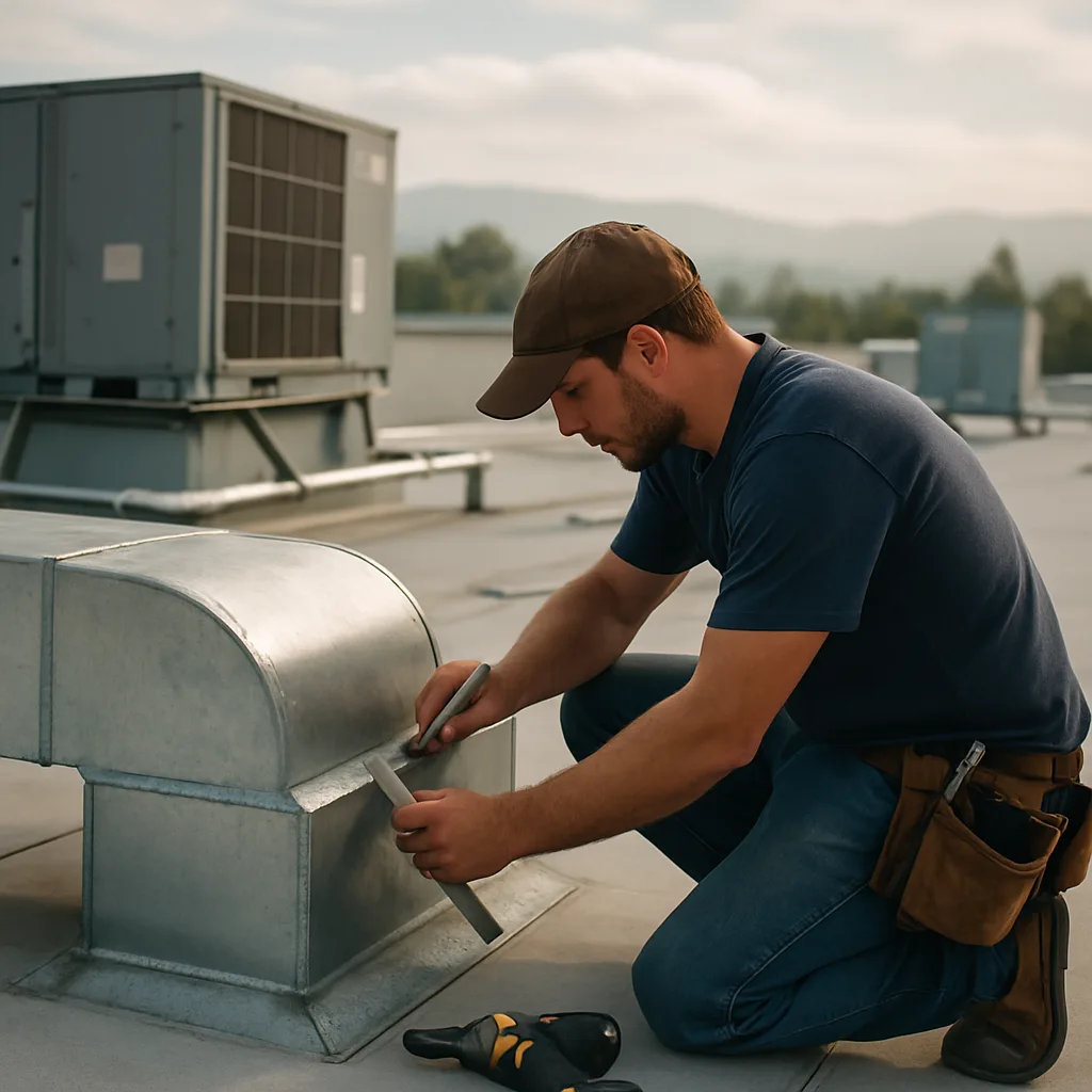 Contractor marking ductwork on Sunnyvale rooftop mechanical design-build project