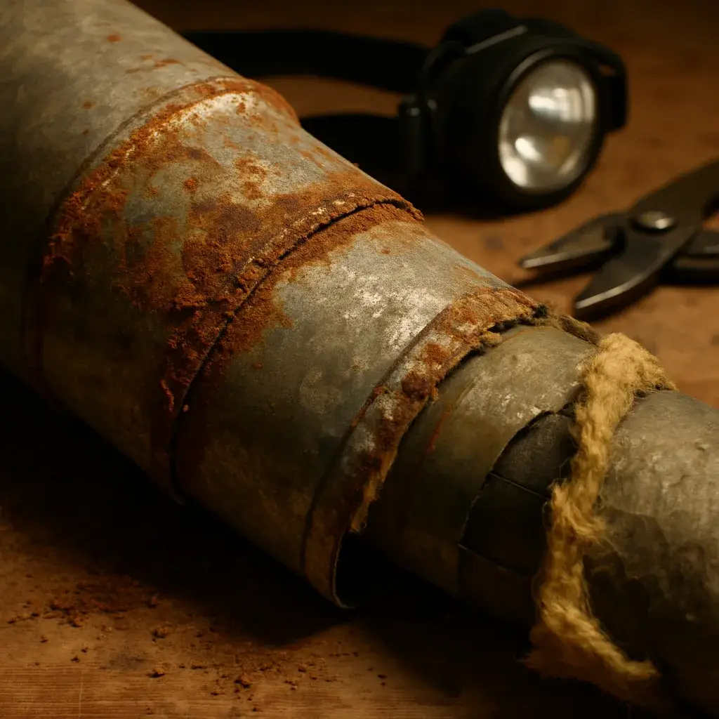 mechanical-design-build-corroded-duct-joint-existing-conditions Corroded ductwork joint found during Sunnyvale mechanical design-build inspection