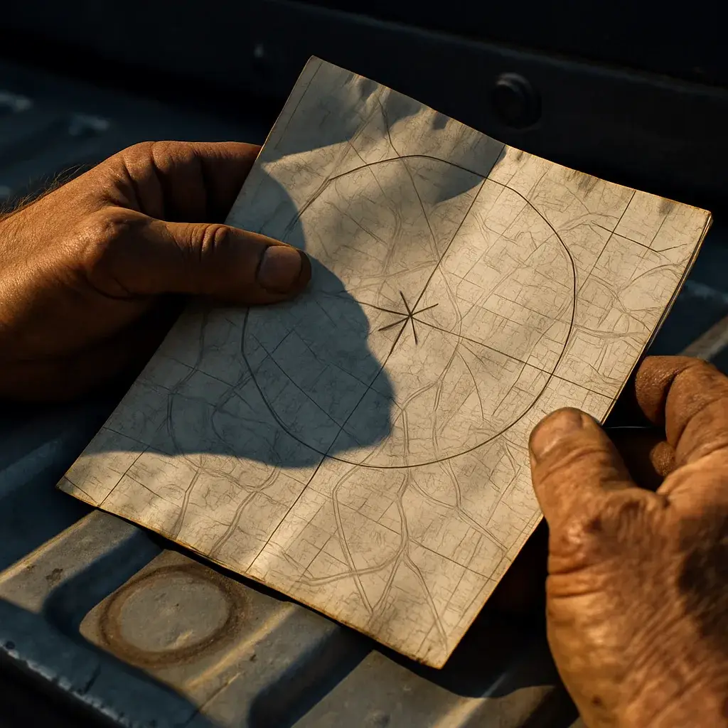 mechanical-design-build-service-radius-map-detail Hands holding a service area map showing a marked radius near Sunnyvale