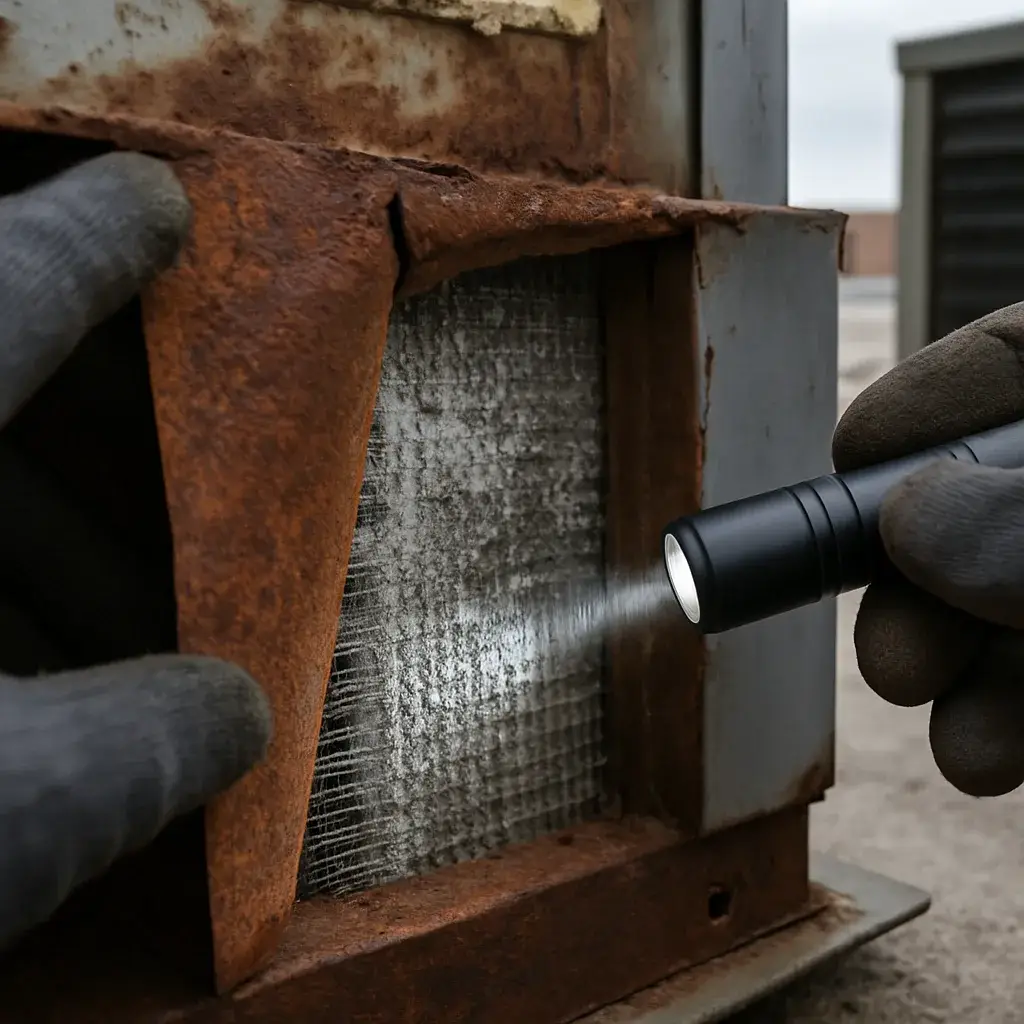 Corroded HVAC coil and ductwork inspected during Sunnyvale mechanical system evaluation