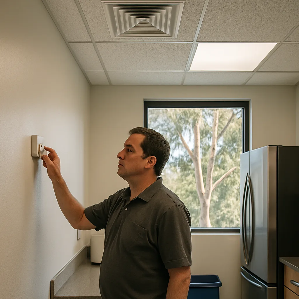 office-thermostat-adjustment-mechanical-design-build-sunnyvale Office manager adjusts thermostat after Sunnyvale mechanical design-build HVAC upgrade