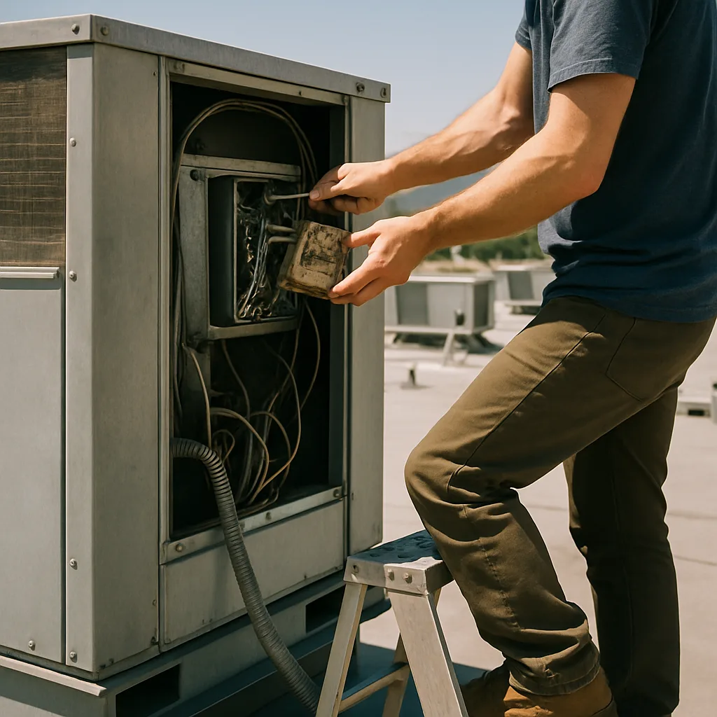 Technician retrofitting rooftop HVAC unit control board during mechanical equipment retrofit in Sunnyvale