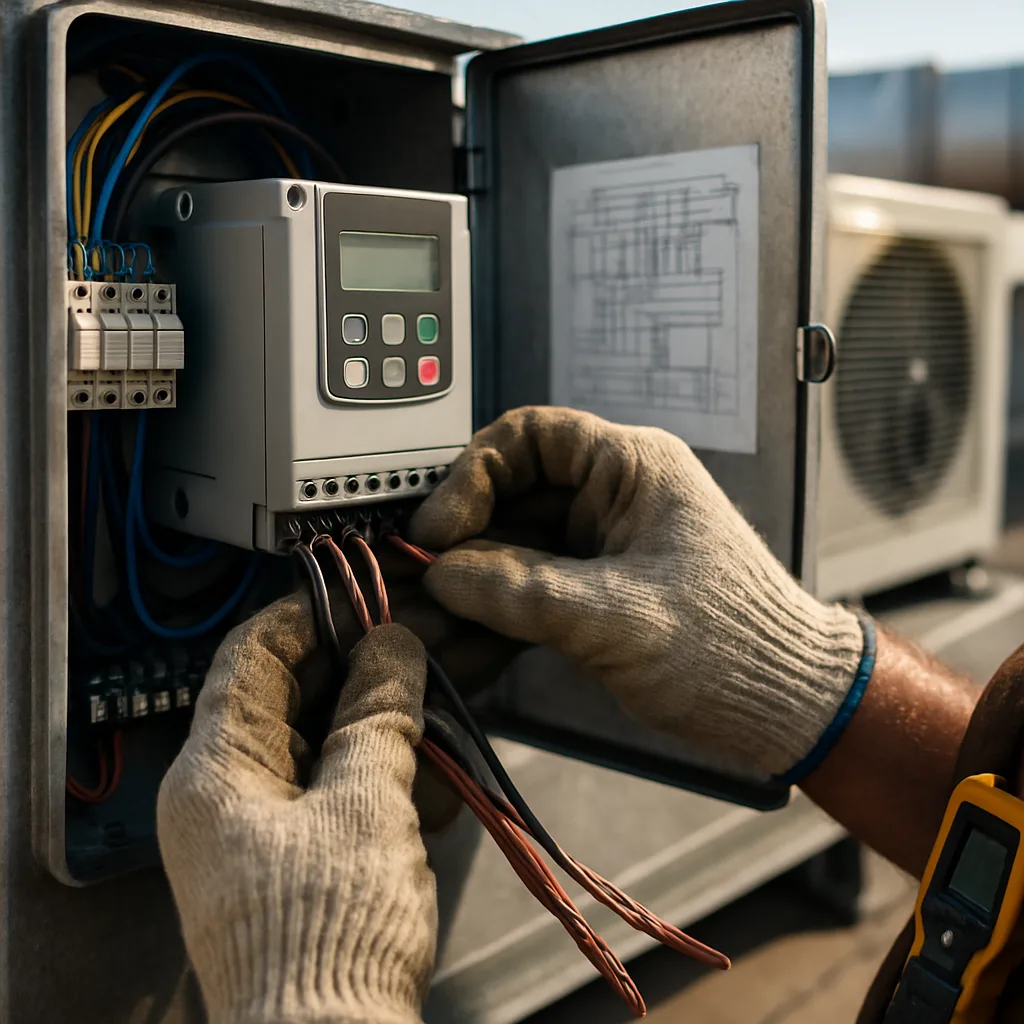 Close-up of hands wiring a variable frequency drive during HVAC retrofit in Sunnyvale