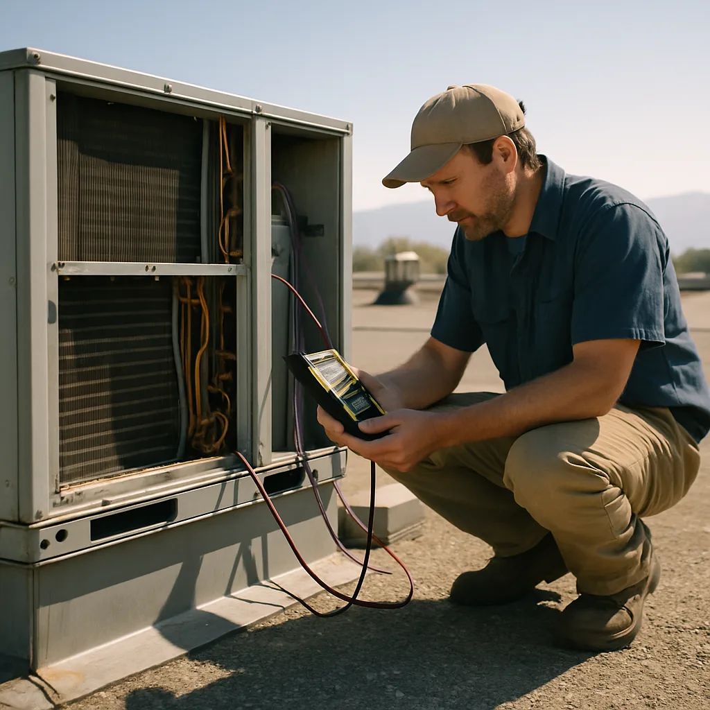 Technician testing rooftop HVAC unit airflow during mechanical system commissioning in Sunnyvale