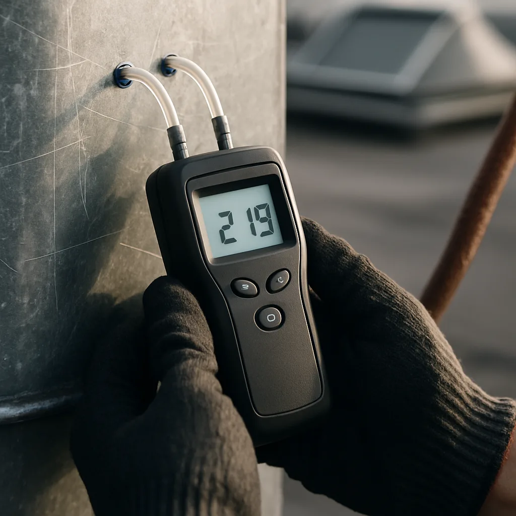 mechanical-system-commissioning-duct-pressure-test-sunnyvale Manometer testing duct pressure during HVAC commissioning inspection in Sunnyvale