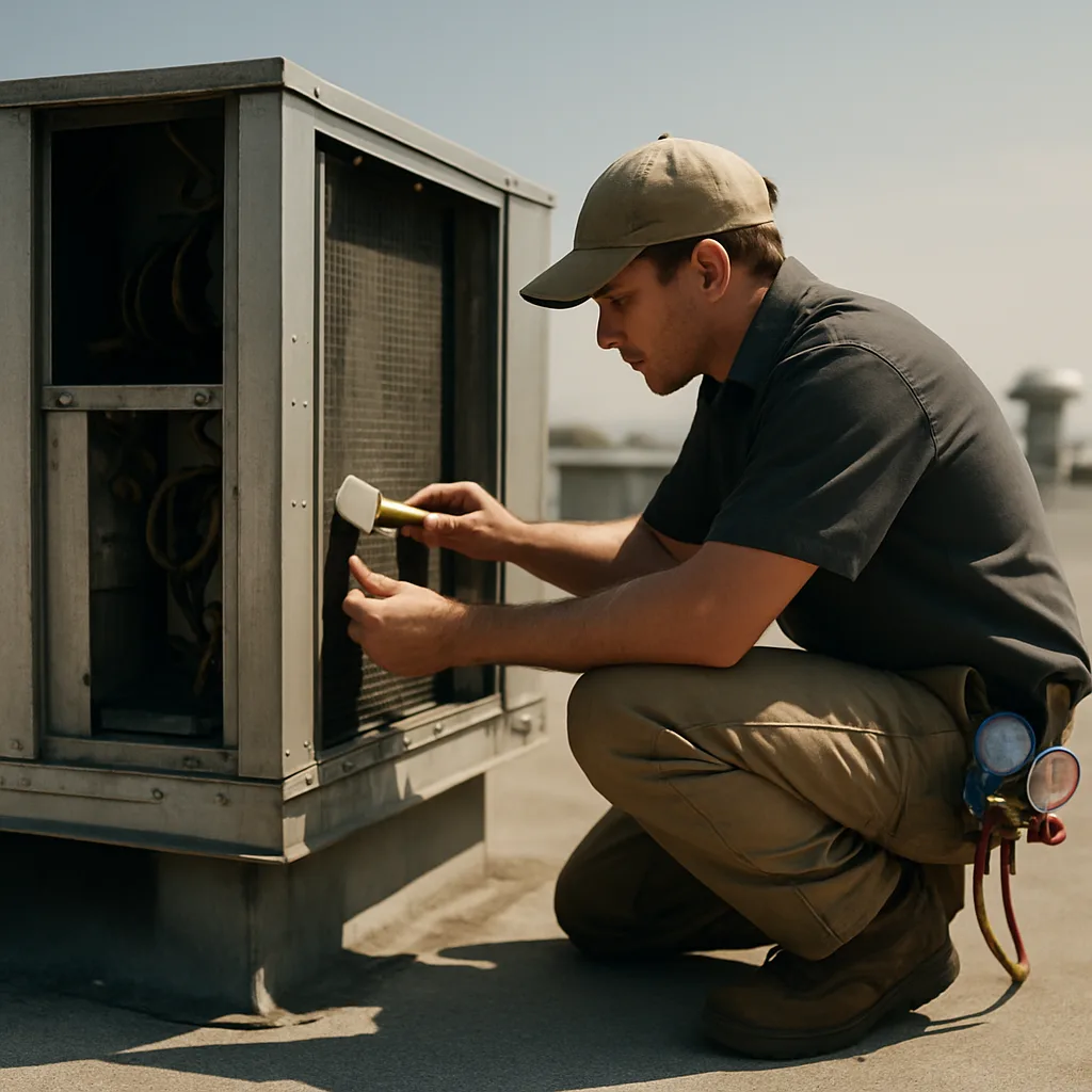 Technician performing rooftop HVAC unit maintenance in Sunnyvale using a coil fin comb