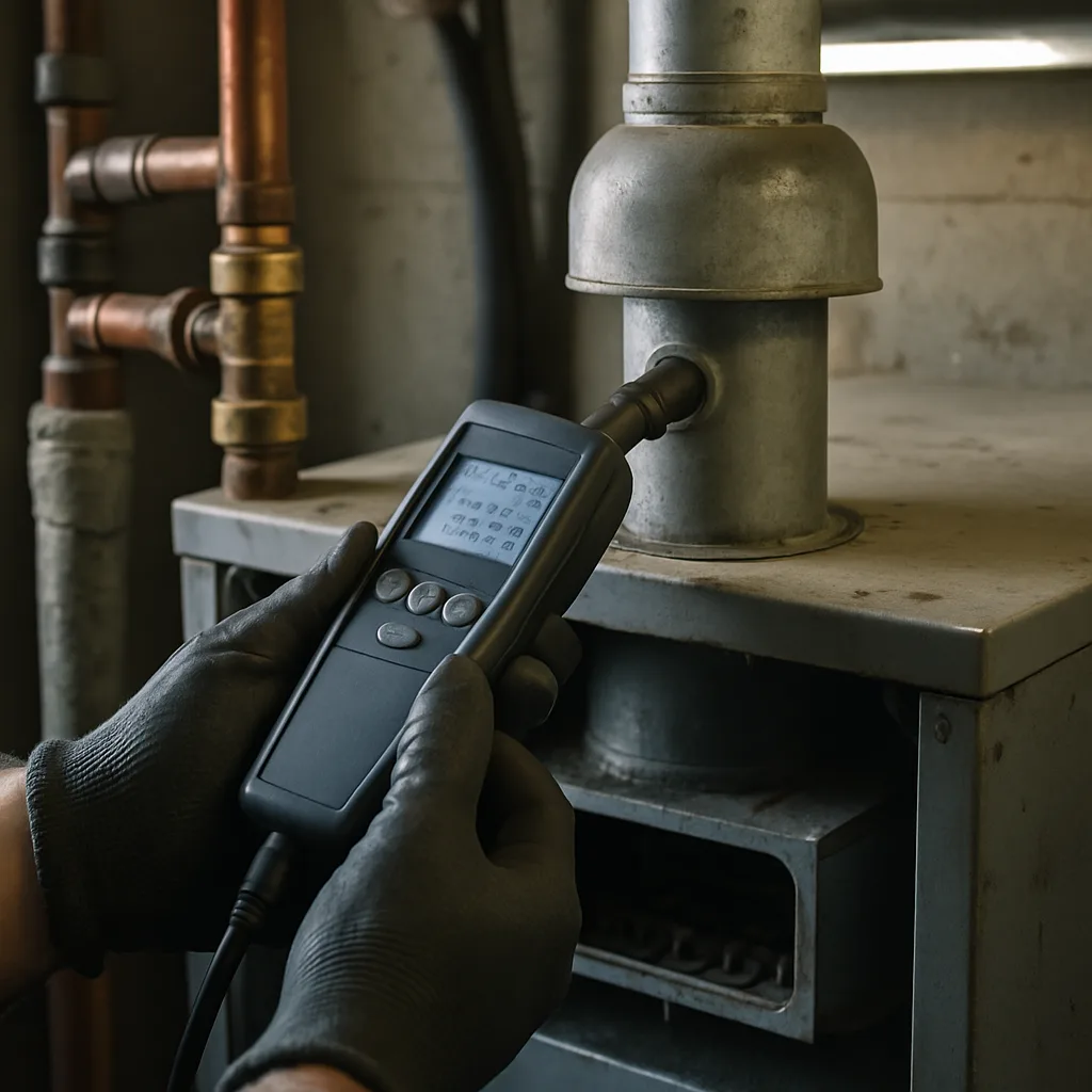 boiler-combustion-analyzer-test-mechanical-maintenance-sunnyvale Technician testing boiler combustion efficiency during mechanical maintenance in Sunnyvale