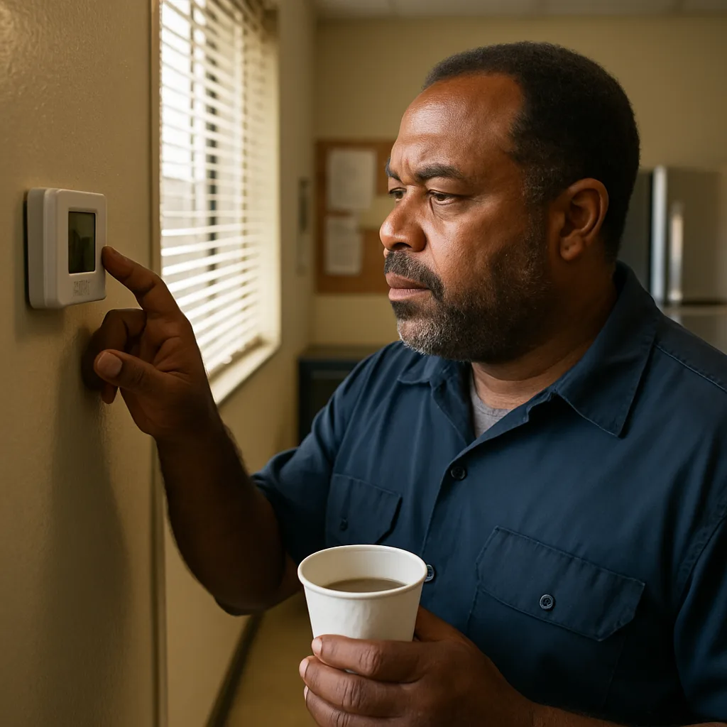office-thermostat-check-hvac-maintenance-need-sunnyvale Facilities manager checking thermostat before scheduling HVAC maintenance in Sunnyvale office