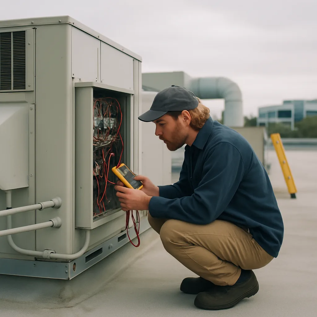 Technician checks rooftop HVAC unit wiring during mechanical troubleshooting in Sunnyvale