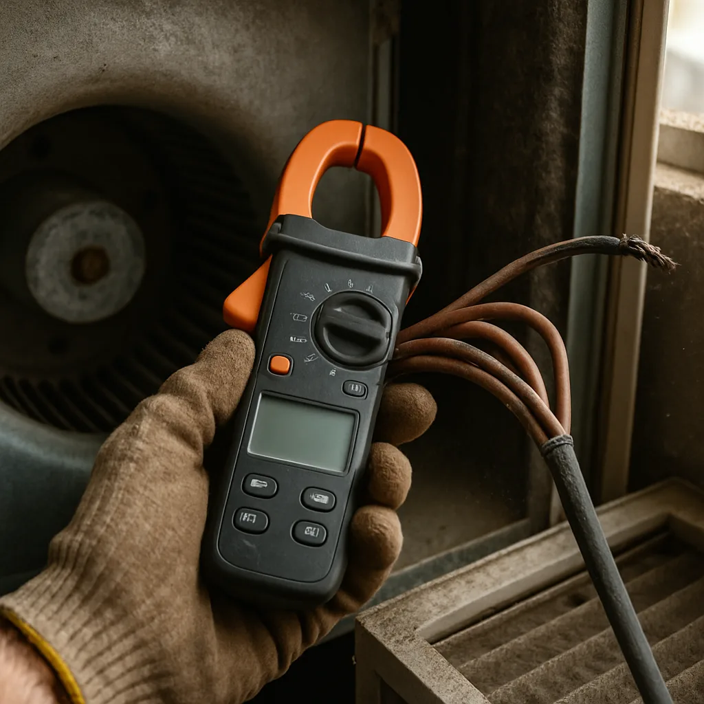 mechanical-system-troubleshooting-air-handler-wiring-sunnyvale Close-up of clamp meter testing wiring inside air handler during HVAC diagnostic in Sunnyvale