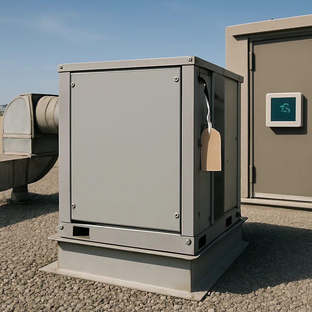 mechanical-system-troubleshooting-repaired-hvac-unit-sunnyvale Repaired rooftop HVAC unit with closed panel after Sunnyvale mechanical troubleshooting visit