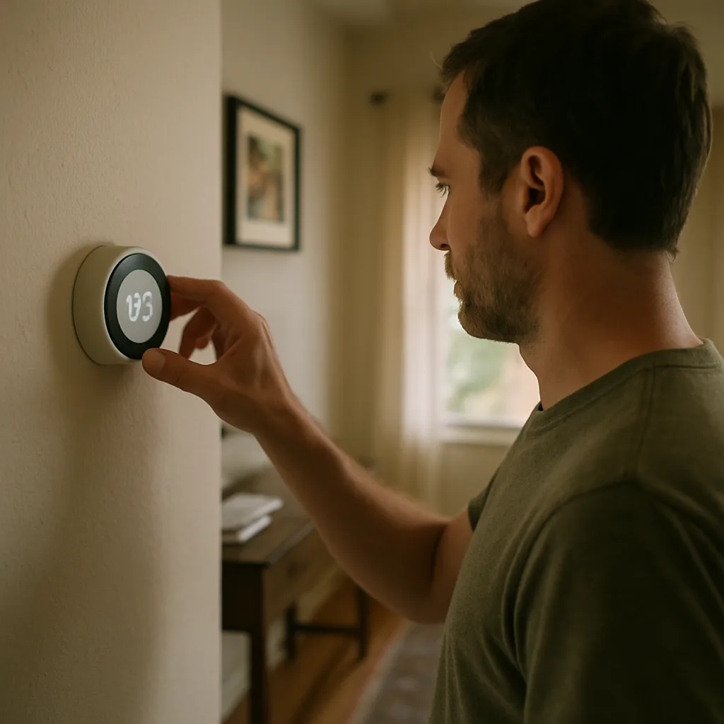 mechanical-system-troubleshooting-homeowner-thermostat-sunnyvale Homeowner adjusts thermostat showing uneven temperature before HVAC troubleshooting in Sunnyvale
