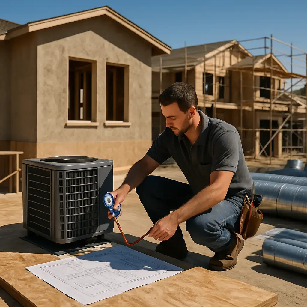 Technician sizing new construction AC unit at Sunnyvale home build site