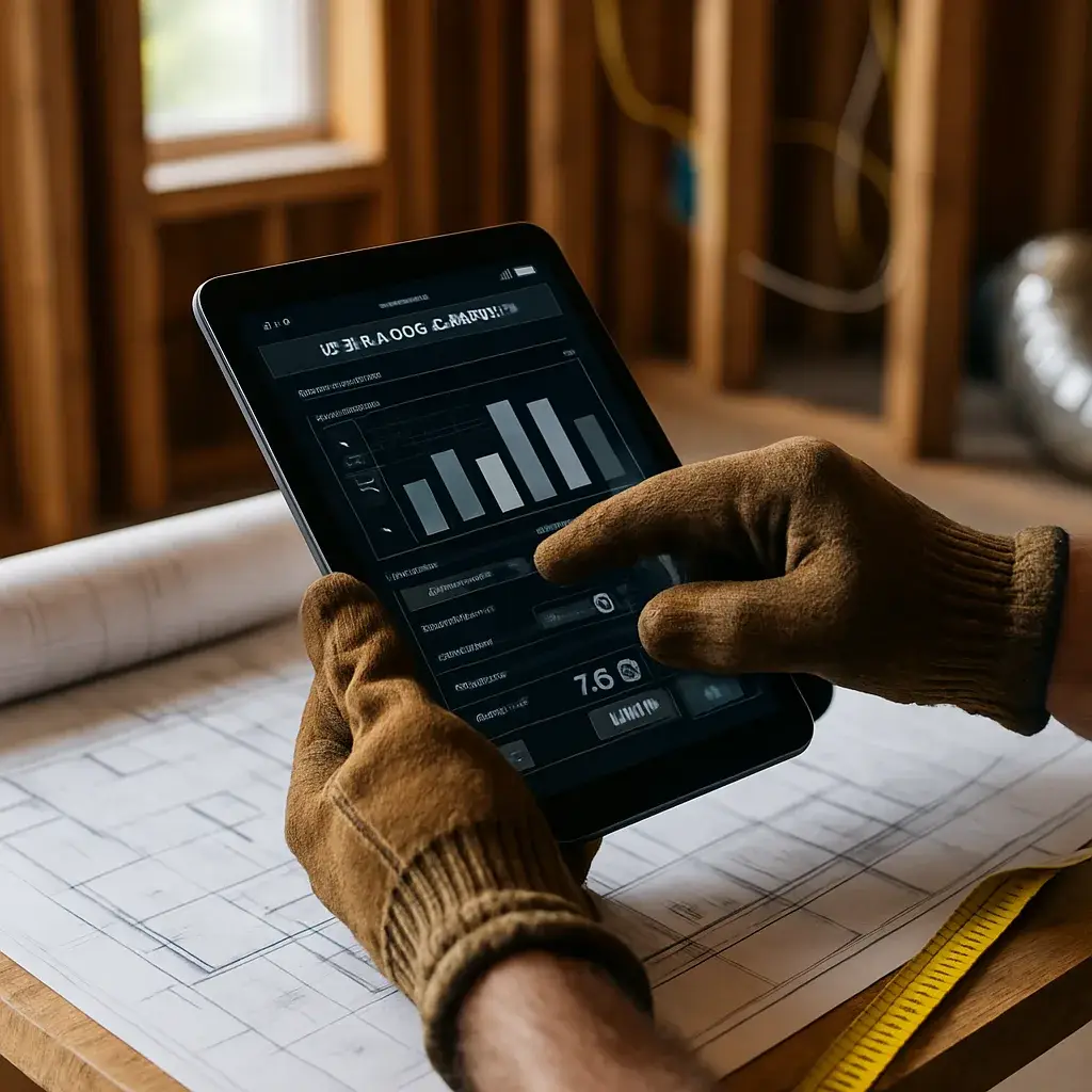 Close-up of cooling load calculation tablet on blueprints at Sunnyvale build