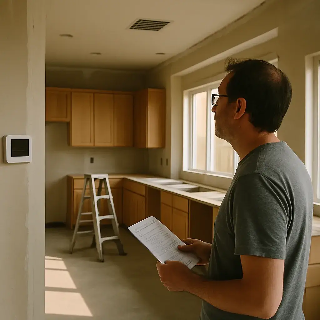 Homeowner reviewing new thermostat install in unfinished Sunnyvale home
