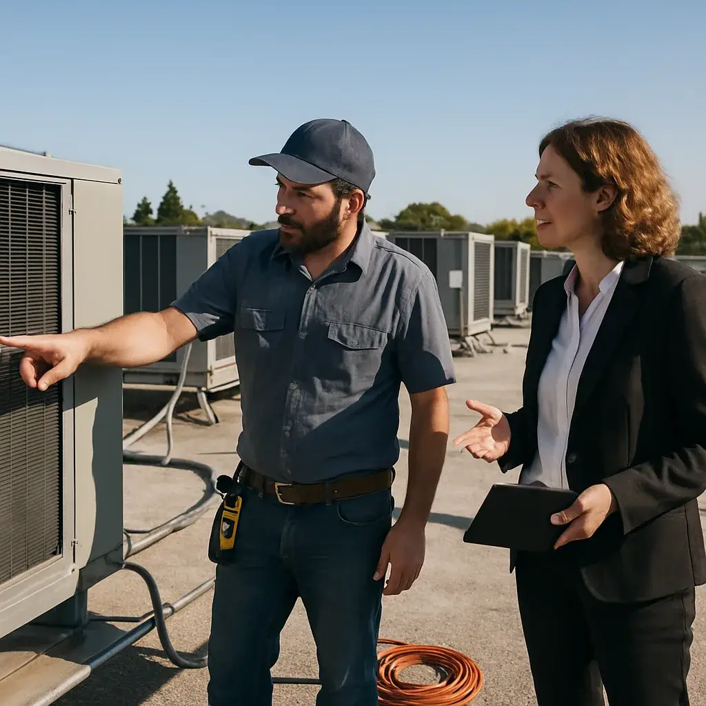 HVAC technician explains rooftop unit scope to property manager in Sunnyvale