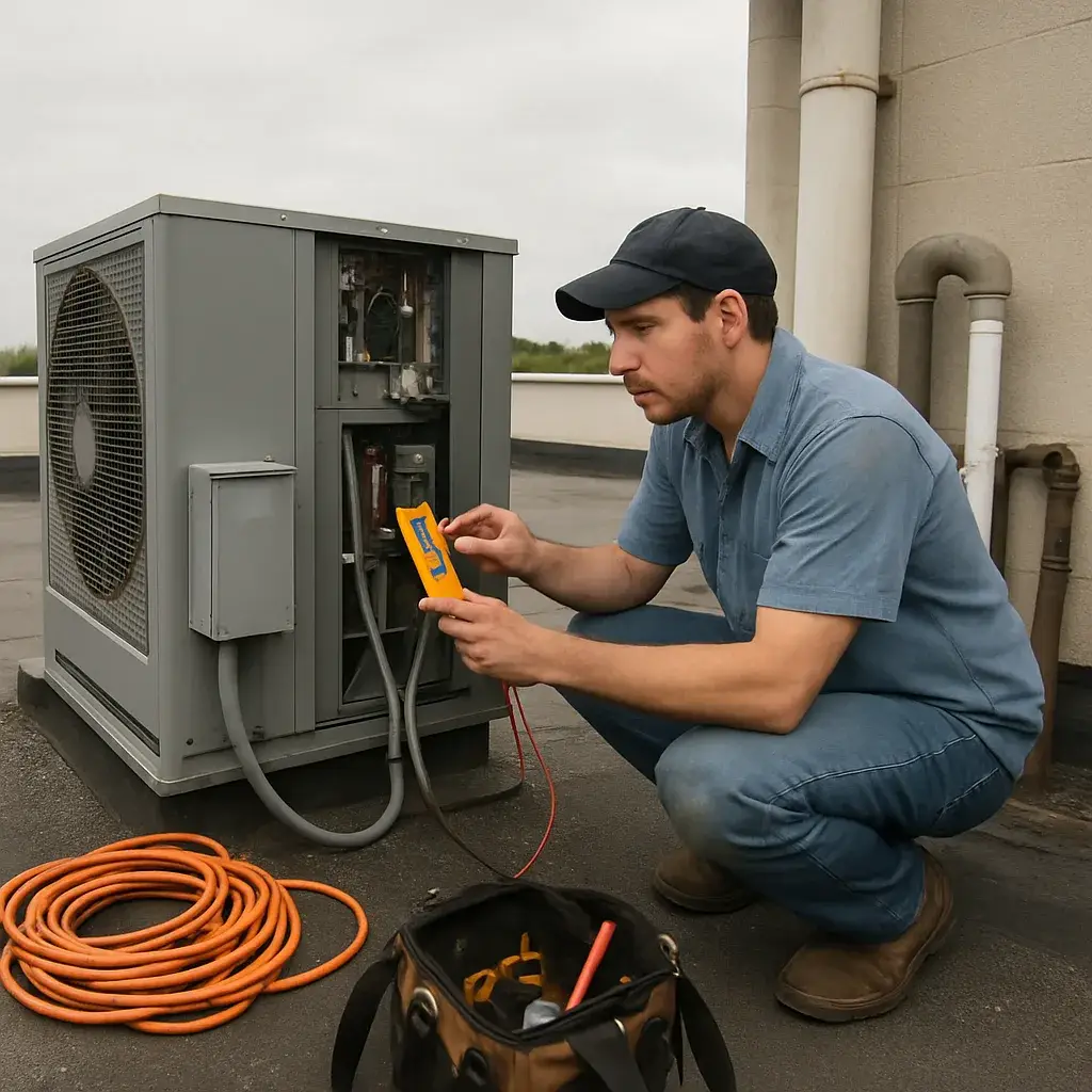 HVAC technician checks rooftop unit near shared electrical and plumbing lines in Sunnyvale