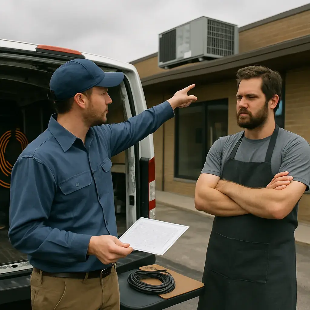 HVAC contractor discussing service radius limits with business owner outside building