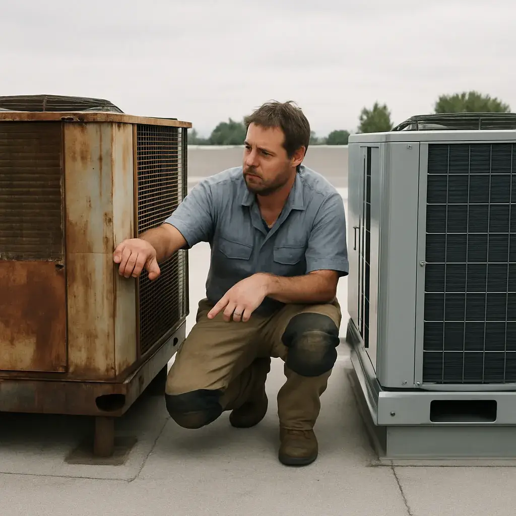 Technician comparing old and new rooftop HVAC units during commercial repair vs replace job
