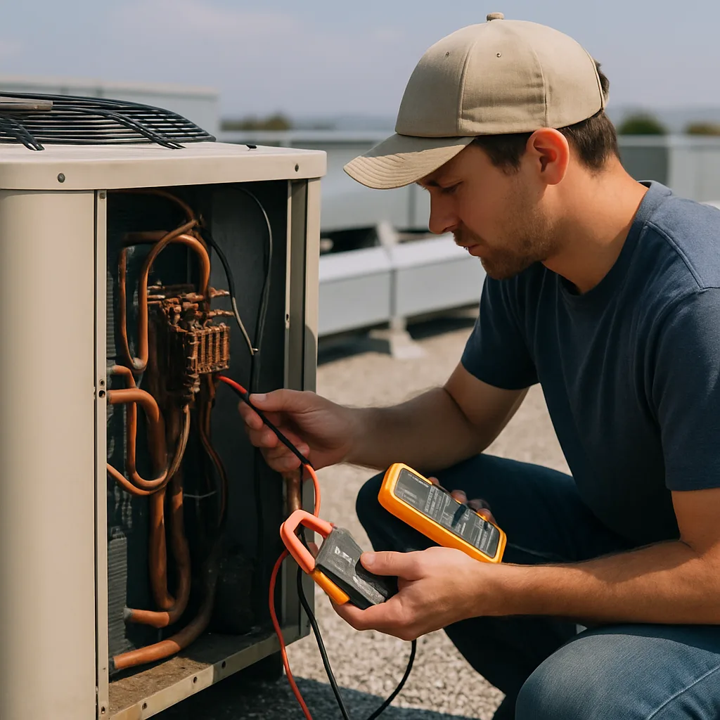 Technician testing rooftop HVAC unit wiring during commercial service call in Sunnyvale