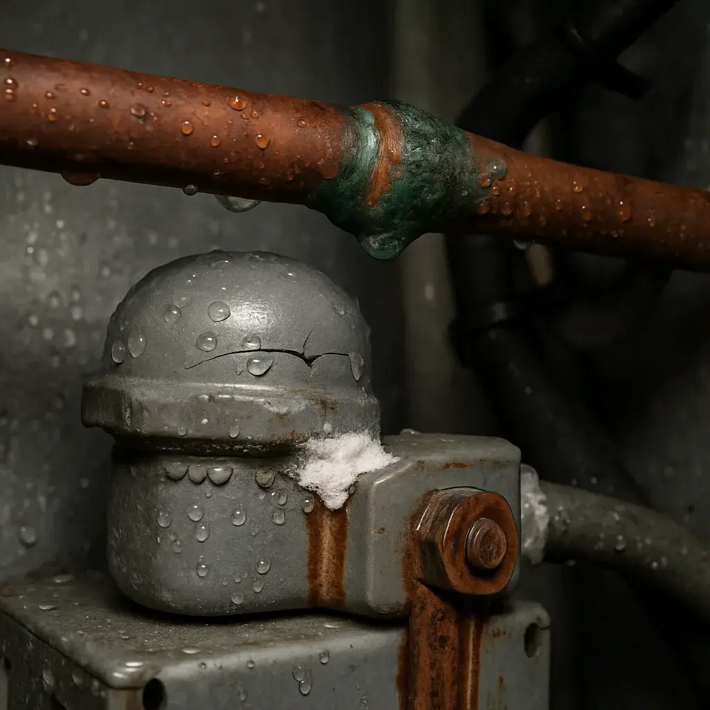 Corroded refrigeration line and rusted conduit fitting inside Sunnyvale cooler mechanical closet