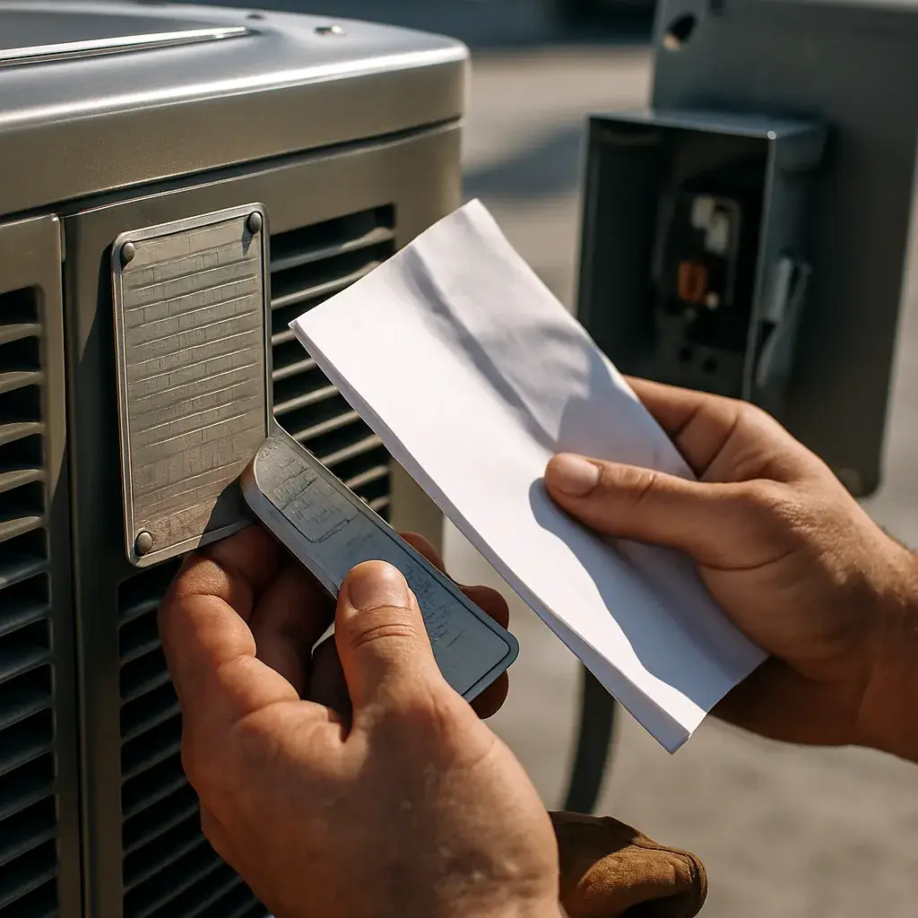 Contractor's hands holding permit form beside rooftop HVAC condensing unit equipment