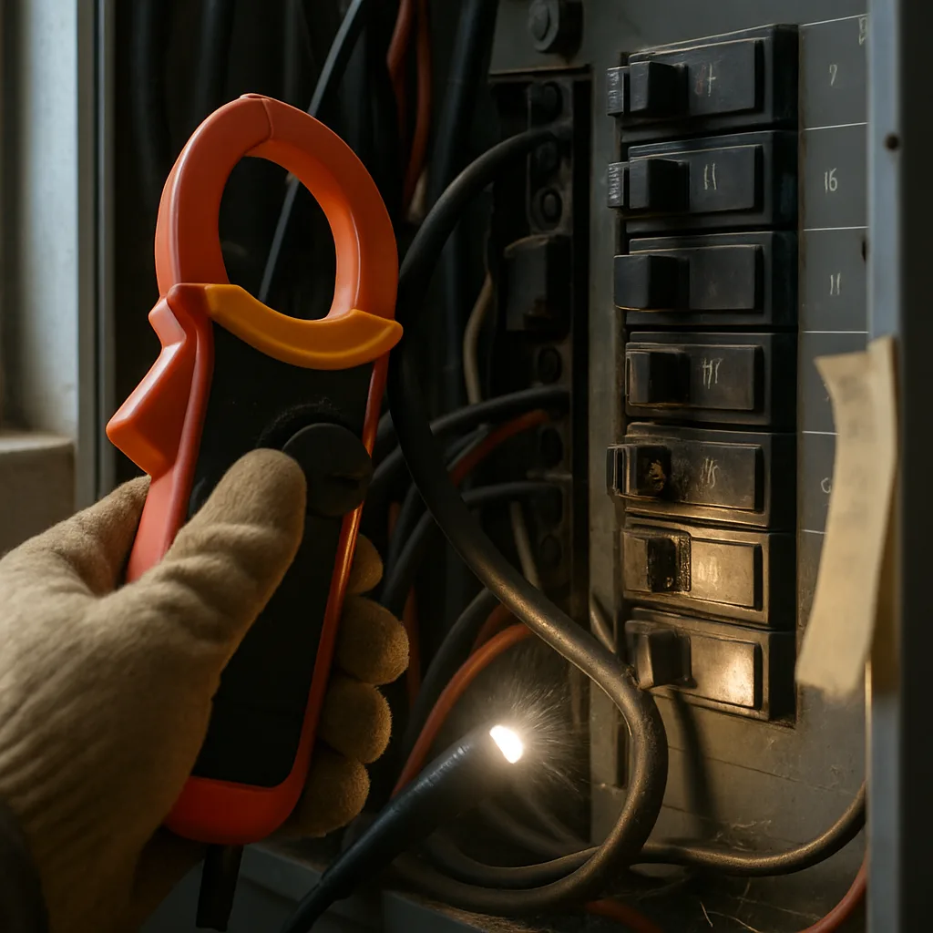 Clamp meter testing overloaded breaker inside commercial electrical panel in Sunnyvale