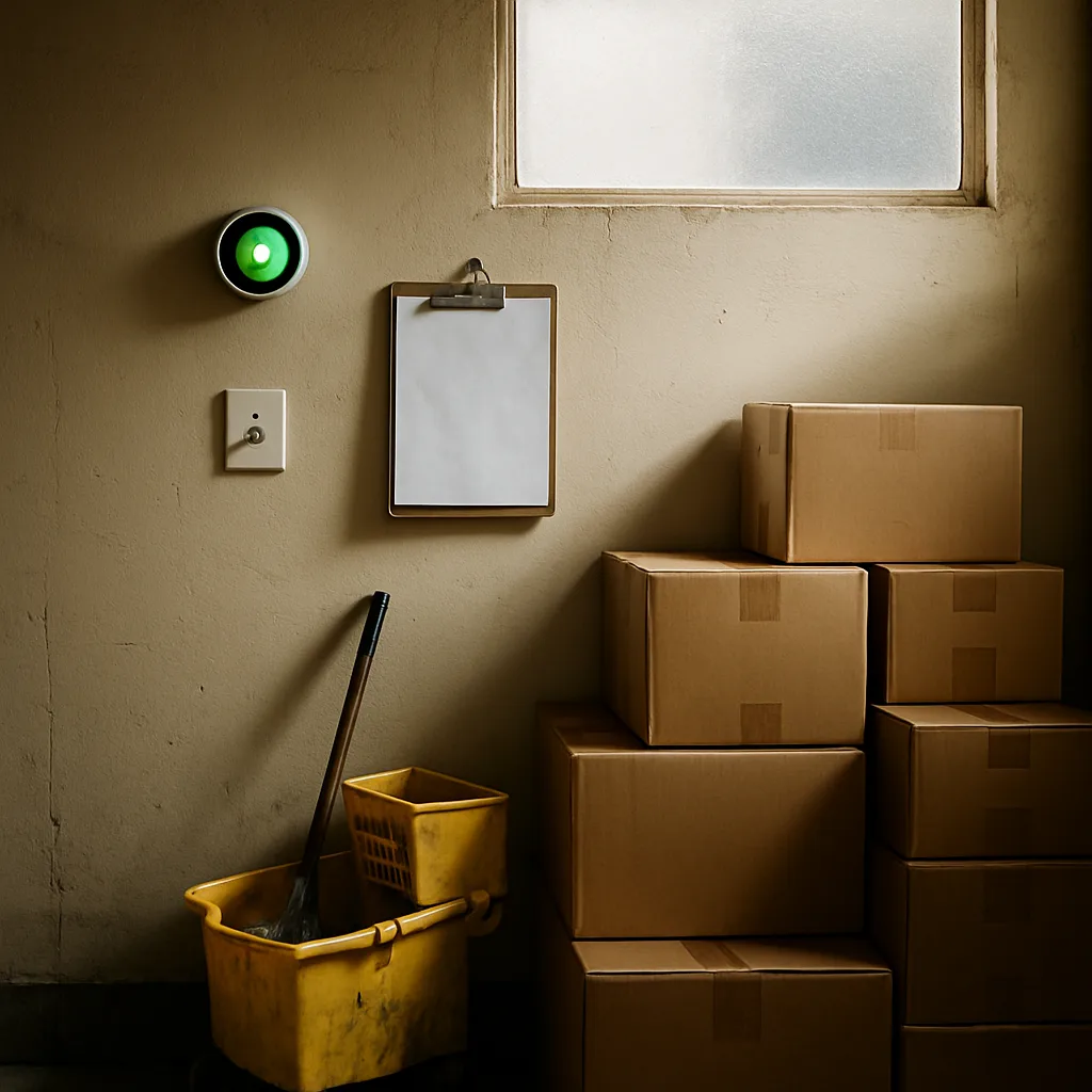 Storeroom thermostat display shows stable climate after Sunnyvale commercial HVAC service